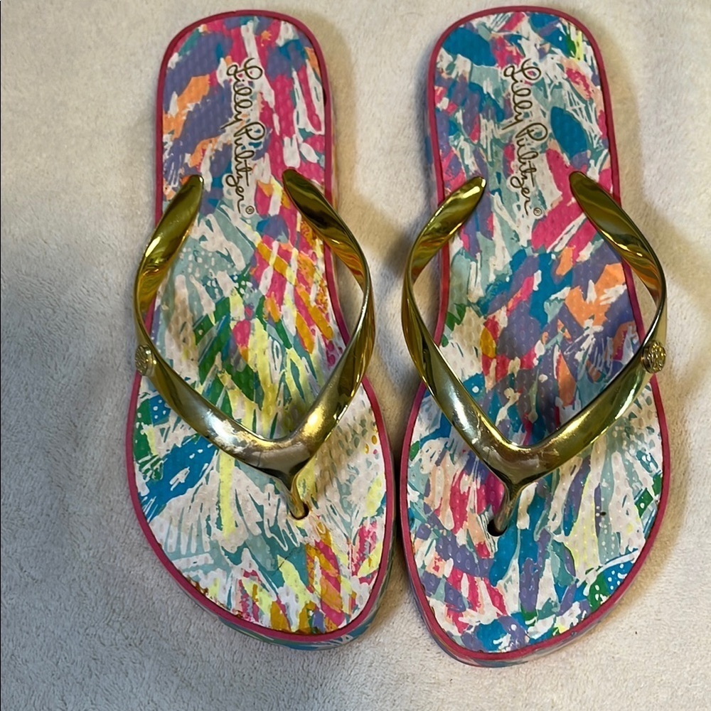 Lilly Pulitzer Gold Sandals with Vibrant Design
